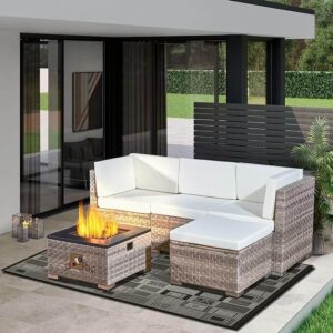 Aweather Rattan Garden Furniture Set with Fire Pit Table 5 Pieces