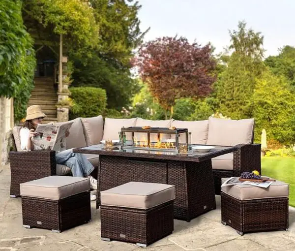 Rattan Garden Furniture with Fire Pit Table - Premium Series - 9 Seater