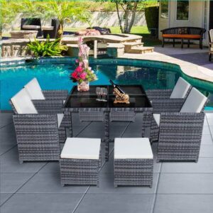 Panana 8 Seater Rattan Garden Furniture Set Dining Table and Chairs Stools Set